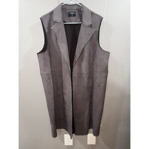 1X Tahari Faux Leather Duster Vest Brown Pockets Open Front